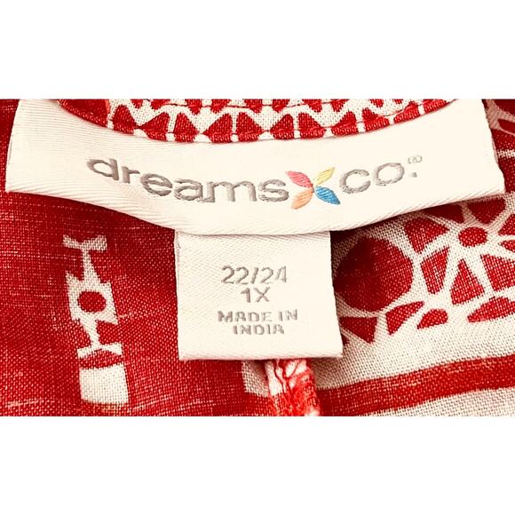 DREAMS & CO. SHORT SLV TIE- UP V-NECK TUNIC LOUNGER, WOMENS, 1X 22/24-RED/WHITE - Picture 10 of 12